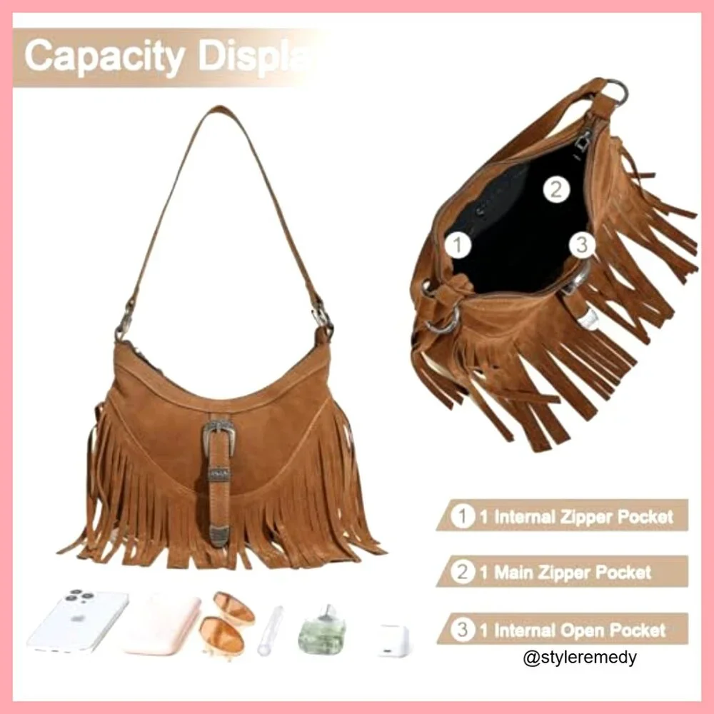 Faux Suede Mini Hobo Bag with Fringe Tassel Adjustable Strap